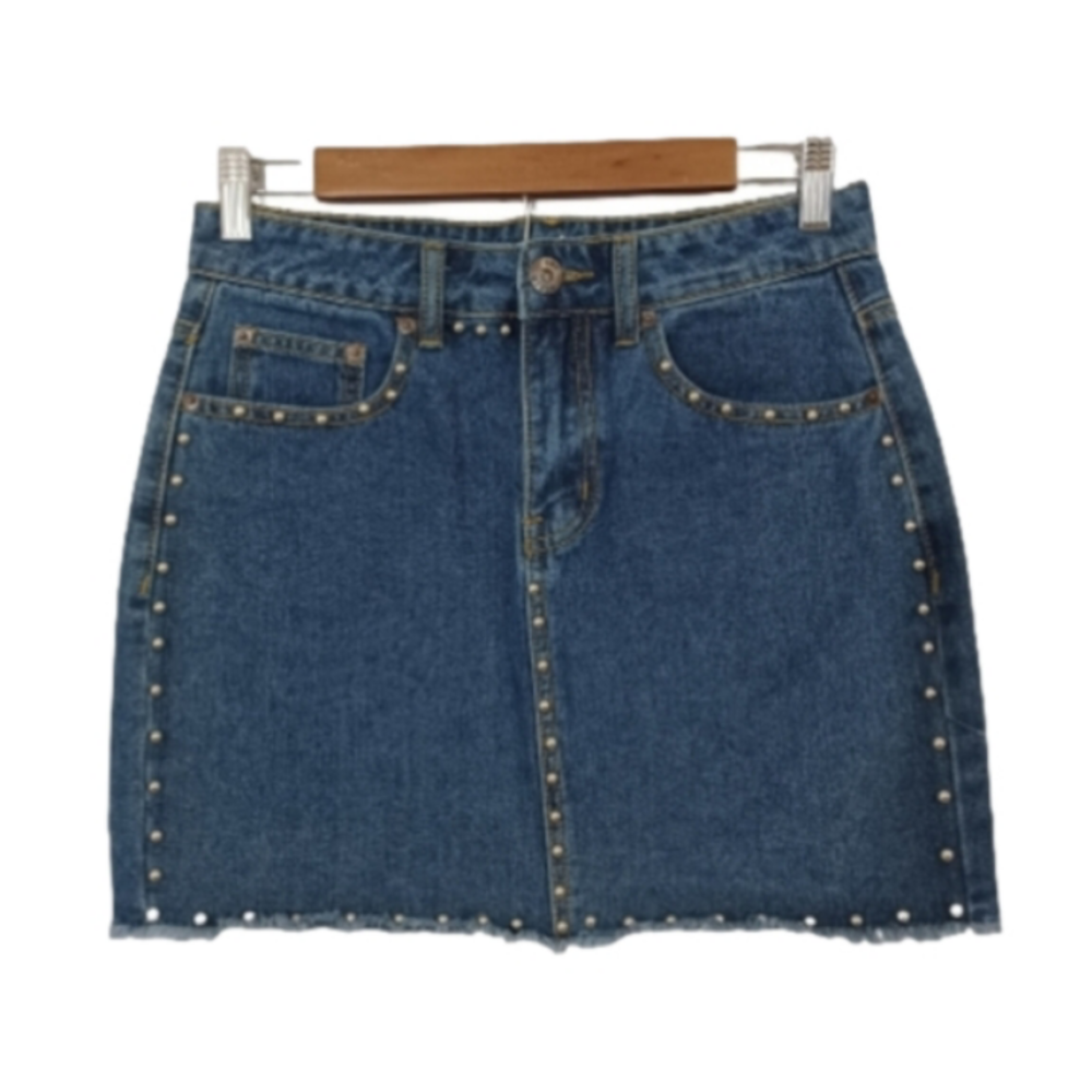 Liquor N Poker Cotton Raw Hem Denim Blue Jean Studded Embellished Mini Skirt